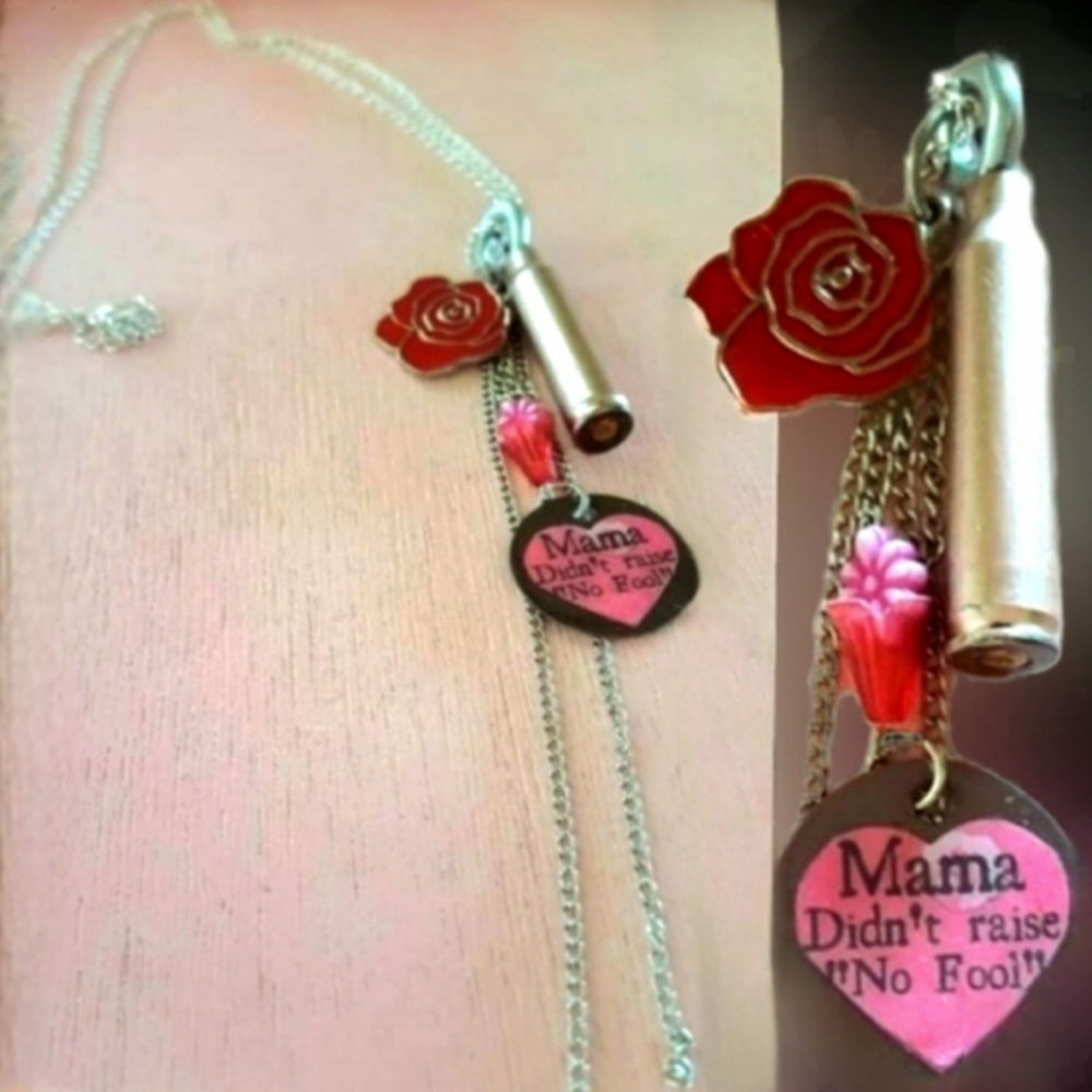 Mama didn't raise no fool Metallic pink Bullet casing rose graphic necklace NWT